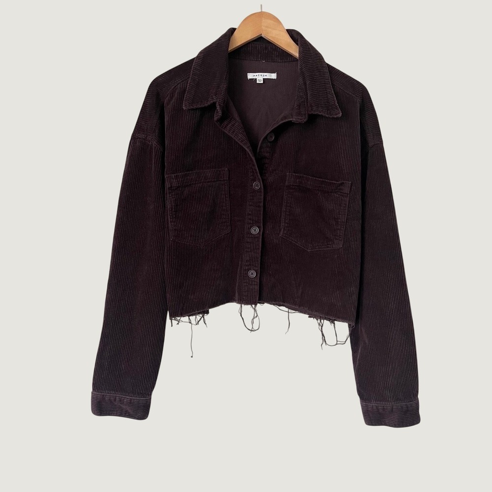 PacSun Brown Corduroy Cropped Shacket Raw Hem Button Up Jacket M/L Grunge